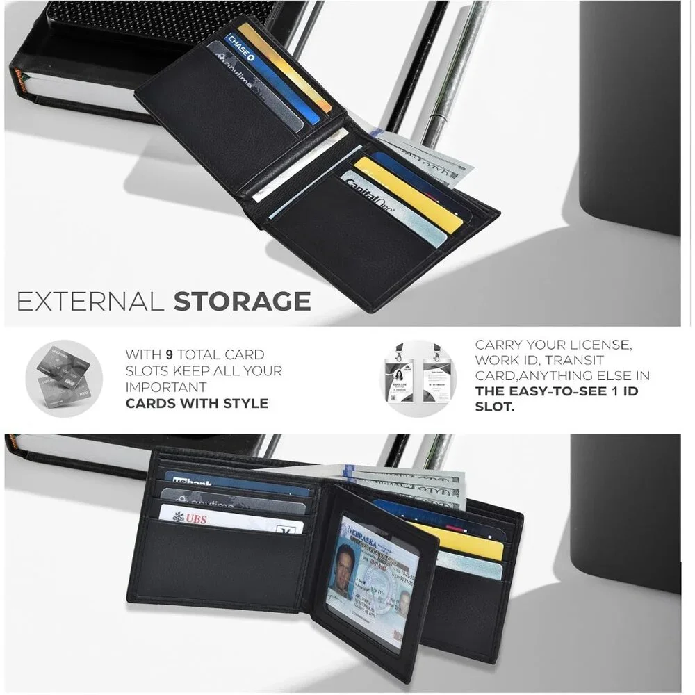 Leather Wallet for Men - RFID Bifold Wallets with 9 Credit Cards 1 ID Window